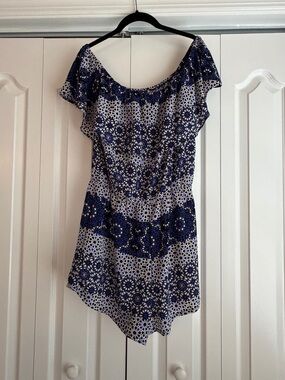 Aqua blue and White Floral Mosaic Off-Shoulder Romper